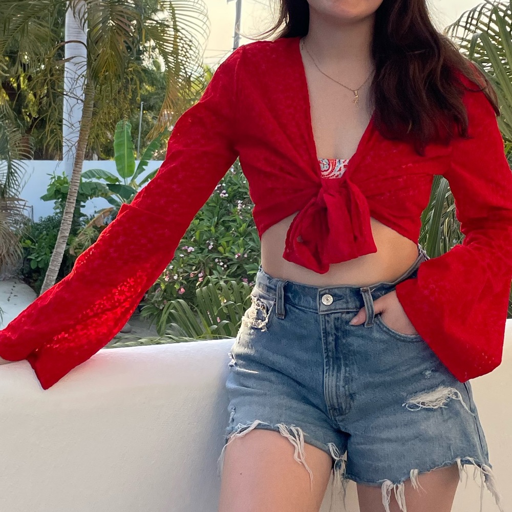 Red Cropped Long Sleeve Top